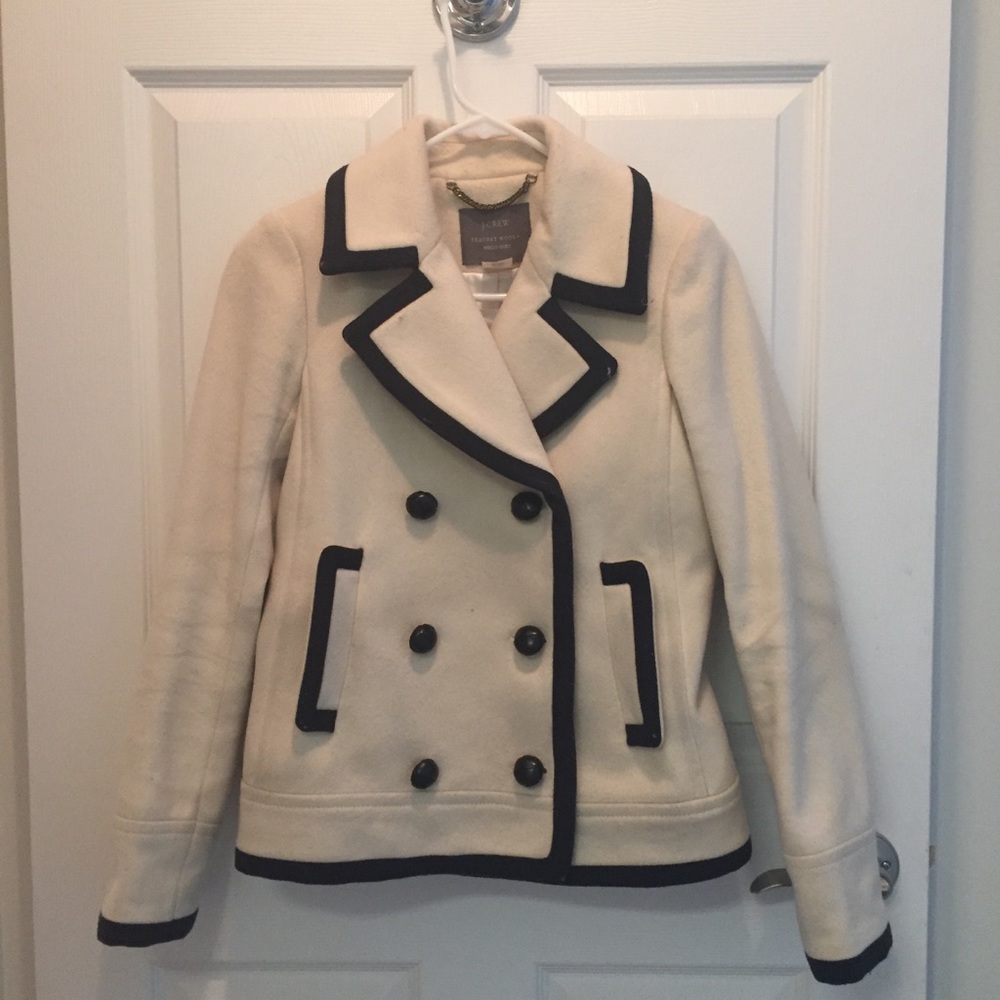 J. Crew Cream Double-Breasted Pea Coat with Black Trim - Picture 1 of 3